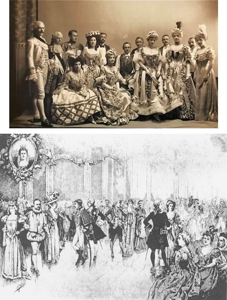 Group photo taken by James Lawrence Breese and Harper’s illustration from the ball
